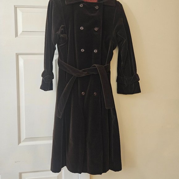 VINTAGE ETHEL PEAR ONEUP Velvet Double Breasted Trench Coat With Tie Waist - Picture 3 of 5